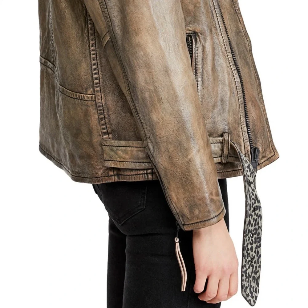 Free People We The Free Over You Brown Oversized Leather Leopard Moto Jacket - Picture 5 of 13